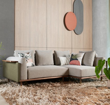 L-Shaped Fabric Sofa with Trendy Green Tones and a Movable Side Table